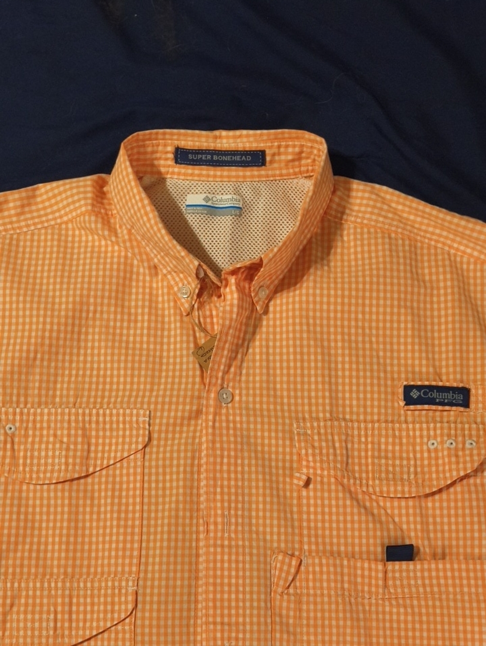 Columbia Men's Orange Gingham Button-Down Shirt SS L Vented Super Bonehead